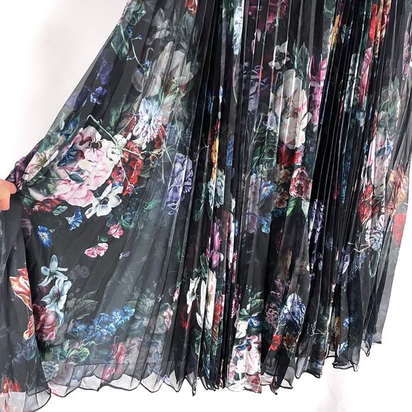 Marchesa One-Shoulder Gown Pleated Floral Chiffon Black Dress Side Slit Sz 6 - Picture 8 of 11